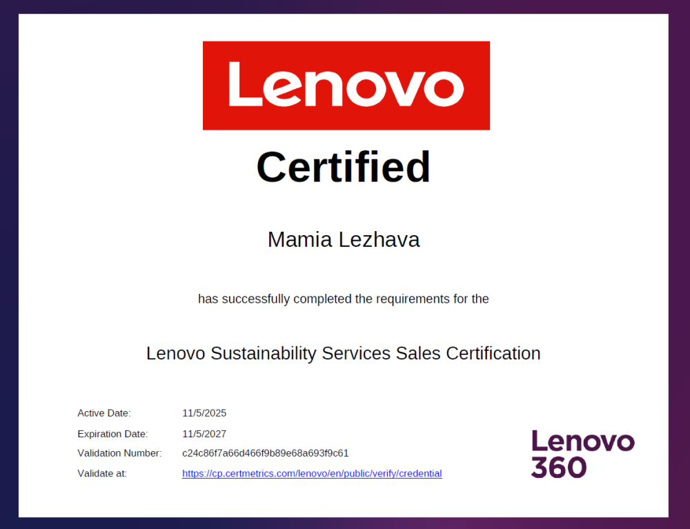 Lenovo Modern Workplace Sales Certification certificate
