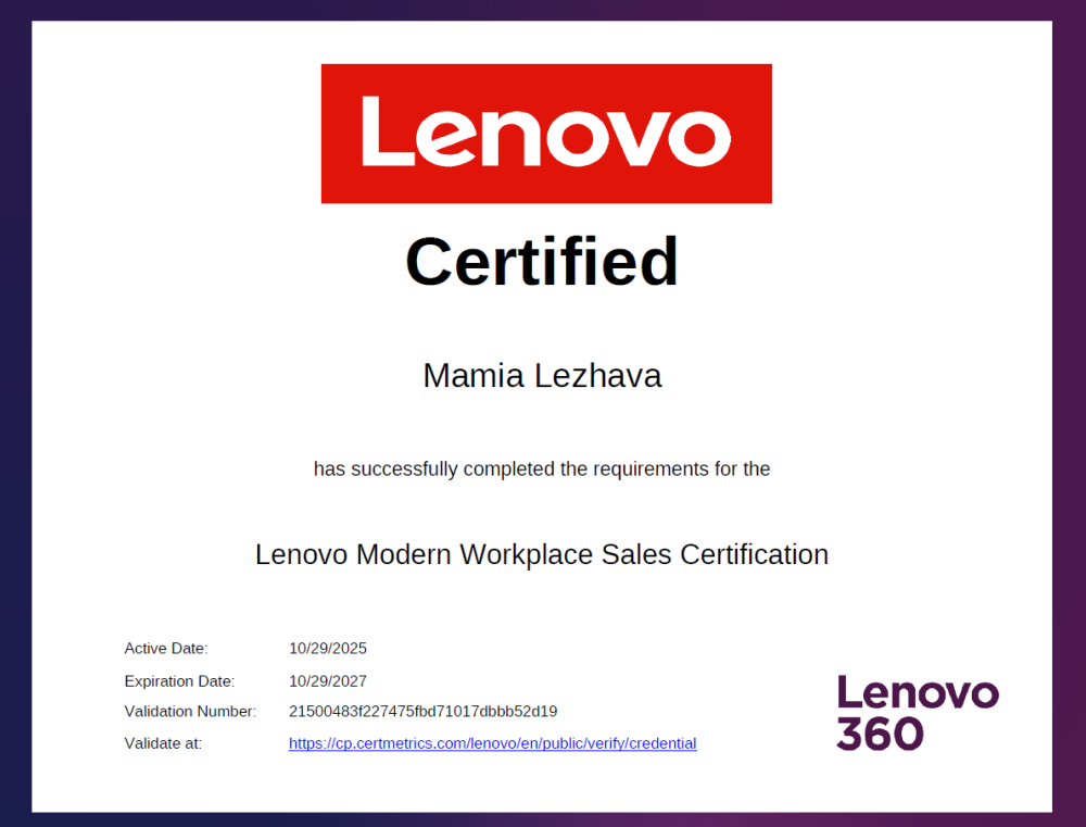 Lenovo Modern Workplace Sales Certification certificate
